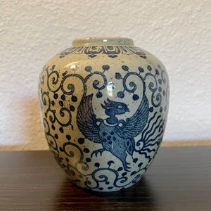 Vintage Hand Painted Blue & White Japanese Phoenix Vase